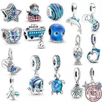 Серия Blue Ocean, стерлинговое серебро 925 пробы, осьминог, черепаха, морская рыба, висячие подвески, подходят для оригинального модного браслета, ювелирные изделия своими руками