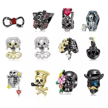 Серия черепа, подвеска-подвеска, настоящие бусины из стерлингового серебра 925 пробы для женщин и девочек, ювелирные изделия, браслеты с подвесками, цветочный скелет, подарок на Хэллоуин