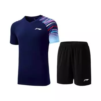 Серия для бадминтона Li Ning Цветной блок Мягкая Универсальная Футболка с коротким рукавом Шорты со средней посадкой Повседневный Спортивный костюм Унисекс Спортивный костюм AATV045-5 S