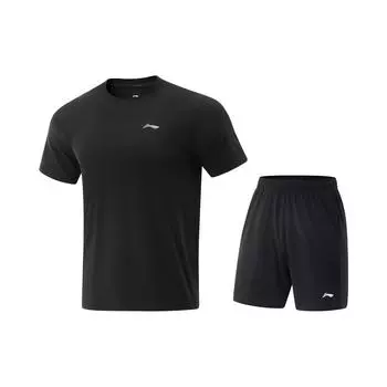 Серия для настольного тенниса Li Ning Однотонная дышащая универсальная футболка с коротким рукавом и шорты средней посадки Повседневный спортивный комплект Мужские комплекты Черный AATV071-1 S