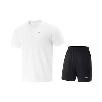 Серия для настольного тенниса Li Ning Однотонная дышащая универсальная футболка с коротким рукавом и шорты средней посадки Повседневный спортивный комплект Мужские комплекты AATV071-2 2XL