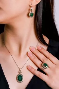 Серия Халиме Султан, серебряный, зеленый, изумрудный камень, тройной аутентичный женский комплект ювелирных украшений