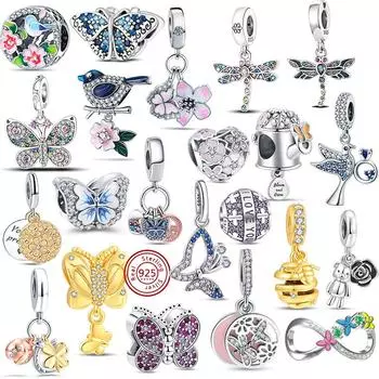 Серия из 925 серебряных насекомых, разноцветные бусины из циркона, стрекозы, цветка, пчелы, бабочки, подходят для оригинального браслета с подвесками, ювелирные украшения