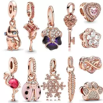 Серия из розового золота S925 стерлингового серебра Фламинго Кот и цветок розы подвеска бусина подходит оригинальный браслет DIY ювелирные изделия