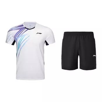 Серия Li Ning Бадминтон Цветной блок Полосатый Быстросохнущий Влагоотводящий Пуловер Топ Повседневный Быстросохнущий Крутые Шорты Спортивный Комплект AAYV039-2+AKSU789-3 3XL