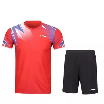 Серия Li Ning Бадминтон Геометрические линии Быстросохнущий Прохладный Повседневный Спортивный костюм Унисекс спортивный костюм Киноварно-красный AATV011-4 S