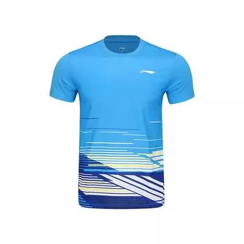 Серия Li Ning Бадминтон Удобная футболка с круглым вырезом, быстросохнущая, охлаждающая, универсальная, с коротким рукавом, унисекс, дунайско-синяя AAYV049-4 XS