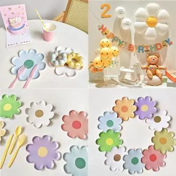 Серия Macaron Daisy Набор столовых приборов Воздушные шары Smile Balloon Детский день рождения Маргаритка Вечеринка Одноразовая посуда Украшения