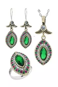 Серия Midyat, зеленый цветной нефритовый камень, аутентичный серебряный тройной женский набор