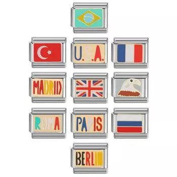 Серия национального флага, итальянский браслет из нержавеющей стали, 9 мм, сделай сам, Турция, Бразилия, Великобритания, Франция, Россия