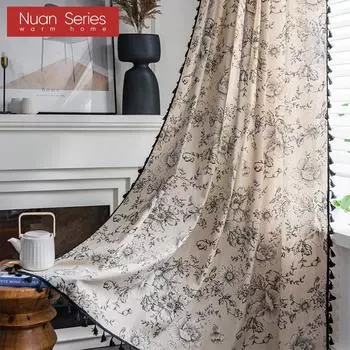 Серия Nuan, средний древний стиль, черно-белые хлопковые и льняные занавески с принтом, полузатемняющиеся шторы с кисточками для маленьких окон, балкона, домашний декор W150cm x L60cm чёрный