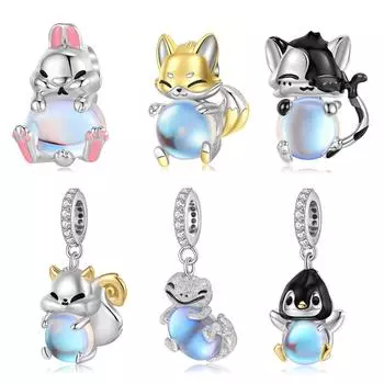Серия «Объятия животных» с кроликом, белкой и собакой, подвеска-подвеска из стерлингового серебра 925 пробы с лунным камнем, подходит для женщин, ювелирные изделия, браслеты с подвесками