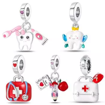 Серия «Профессия» Аптечка Зубы Учитель Бусины Подвеска Белый Медь Посеребренные 925 DIY Браслет Бусины