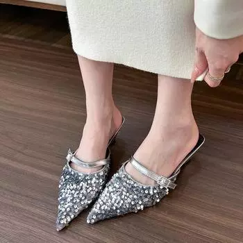 Серия «Розовая Галактика»! Розовые остроносые полутапочки с блестками женские весенне-летние мюллеры на толстом каблуке 35 серебряный