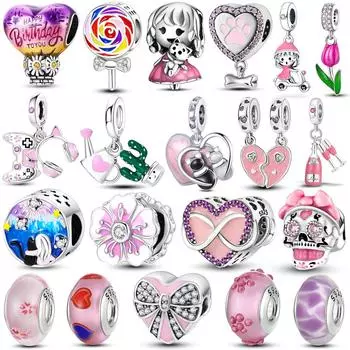 Серия розового цвета, подвески, бусины, серебро 925 пробы, милая девушка, розовый висячий цветок в форме сердца, кулон, подходит для браслета, ожерелья, ювелирные изделия