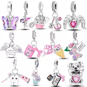 Серия розового цвета, подвески, бусины, серебро 925 пробы, милая девушка, розовый висячий цветок в форме сердца, кулон, подходит для браслета, ожерелья, ювелирные изделия