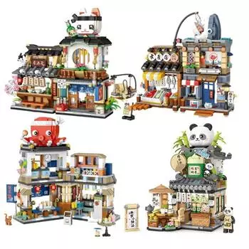 Серия Street View Building Blocks Izakaya Shaved Ice Shop Takoyaki Shop Coffee Shop Panda Tea House Model Детский подарок