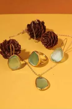 Серия Sun Stone Bean Cut, бирюзовый кошачий глаз, женский тройной комплект с покрытием из 22-каратного золота и цепочкой из стерлингового серебра 925 пробы