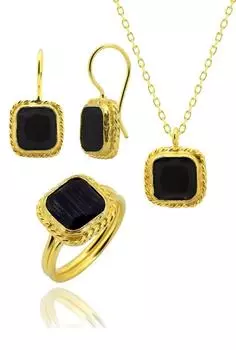 Серия Sun Stone в обертке, квадратная огранка, черный цвет, женский тройной комплект аутентичных серебряных украшений