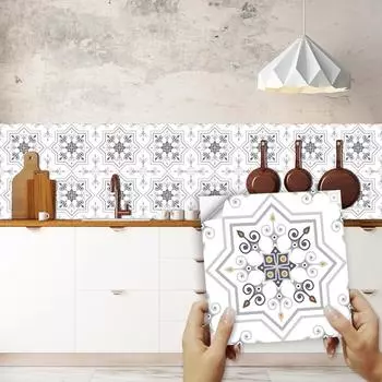 Серо-белые бесшовные лоскутные наклейки на плитку с цветочным принтом, маслостойкая наклейка для кухни, ванной комнаты, шкафа, домашнего декора, художественные наклейки на стены 10cmX10cmX10pcs