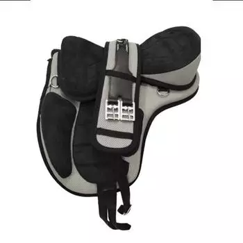 Серо-черное безленчиковое синтетическое седло для лошадей Freemax + подпруга, все размеры для лошадей 12 чёрный/серый