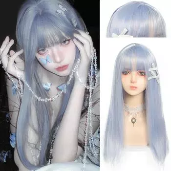 Серо-голубые длинные прямые волосы синтетический парик женский повседневный парик Лолита прямая челка серо-голубые пушистые длинные прямые парик 60CM