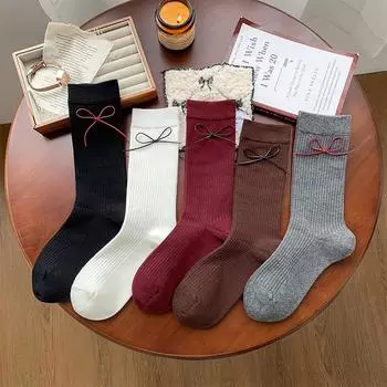Серо-красные носки женские осенние и зимние ретро хлопковые вязаные носки средней длины с бантом японские милые носки кавайные подарки