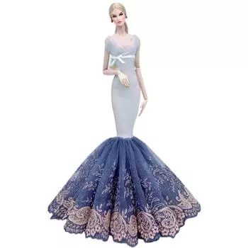 Серо-синяя кружевная одежда с цветочным принтом «рыбий хвост» для куклы Барби, свадебное платье, вечернее платье ручной работы 1:6 аксессуаров для кукол, детские игрушки синий