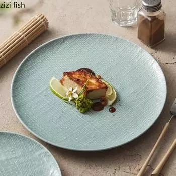 Серо-зеленая скатерть с узором Керамическая тарелка для торта Десертная тарелка Тарелка для стейка Тарелки для барбекю Специальная ресторанная посуда