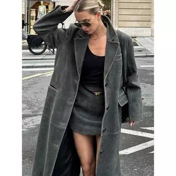 Серое кожаное длинное женское пальто с отложным воротником, однобортное пальто с длинным рукавом, модная осенняя куртка в стиле ретро, верхняя одежда S серый