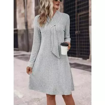 Серое платье с длинными рукавами женское осенне-зимнее новое высококачественное облегающее элегантное трикотажное платье в тренде большого размера S серый