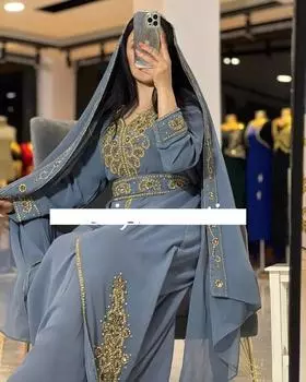 Серое праздничное свадебное платье-кафтан Фараша Абая Необычное марокканское платье Georgette Dubai XS серый
