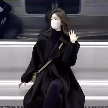 Серое шерстяное пальто для женщин, осень и зима Новое шерстяное пальто, высокого класса, зимнее, маленького, среднего и длинного фасона S чёрный