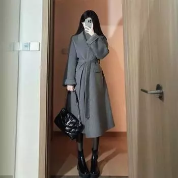 Серое шерстяное пальто для женщин средней длины на осень и зиму, новое шерстяное пальто для зимы небольшого размера в корейском стиле S чёрный