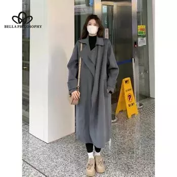 Серое шерстяное пальто, осень-зима, непринужденное шерстяное пальто в корейском стиле, свободное простое шерстяное пальто средней длины S серый