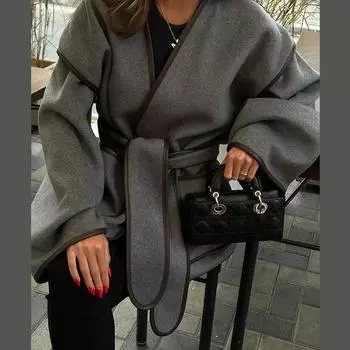 Серое свободное пальто с поясом, подарочное женское повседневное с V-образным вырезом, контрастным длинным рукавом, карманом, утолщенное теплое, свободного покроя, ветровка средней длины, осень M серый