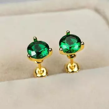 Серёжки гвоздики с кубическим цирконием и позолотой, размер камня 6х6 мм зелёный