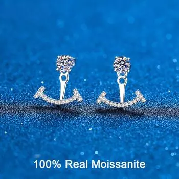 Сертифицированные серьги-гвоздики с муассанитом и бриллиантами и улыбкой, куртка-манжета для женщин, простые серьги-гвоздики спереди и сзади, ювелирные изделия из серебра 925 пробы