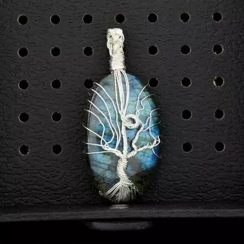 Сертифицированный натуральный лабрадоритовый кулон из серебряной проволоки 925 пробы с деревом