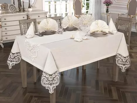Сервиз Crown 26шт, Скатерть Прямоугольник 160х220, Дорожка 140х35, Салфетки 35х35, Лен, Кремовый
