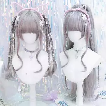 Серые блики розового цвета длинные вьющиеся синтетические парики женские панк-стиль Лолита прямые челки длинные вьющиеся волосы парик для косплея вечеринки 50CM