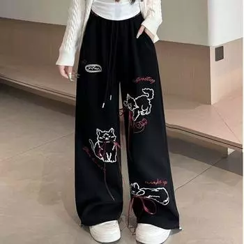 Серые брюки для женщин, весна и осень, драпированные спортивные брюки с принтом, новые повседневные брюки, свободные прямые брюки, спортивные брюки S чёрный