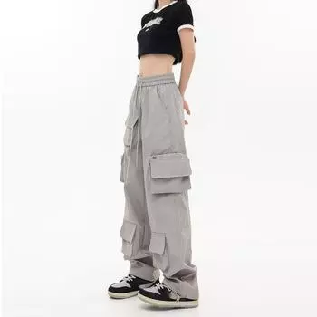 Серые брюки-карго, женские комбинезоны с несколькими карманами и завязками, уличная одежда Y2k, уличная одежда, свободные прямые повседневные спортивные штаны S чёрный