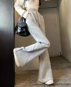 Серые брюки с начесом в корейском стиле, женские брюки Gyaru Kpop, широкие расклешенные спортивные штаны Y2k, брюки для бега большого размера в американском стиле ретро M чёрный