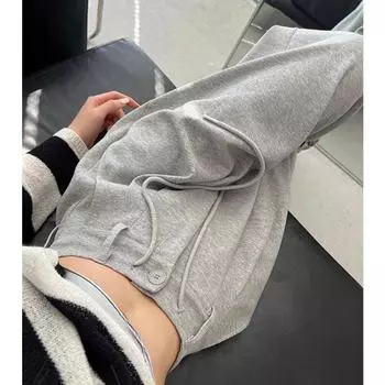 Серые черные широкие спортивные брюки для женщин с высокой талией, повседневные спортивные брюки с карманами и шнурком S чёрный