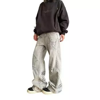 Серые джинсы, женские прямые модные брюки с высокой талией и граффити, уличная одежда, женские широкие джинсовые брюки с принтом Harajuku Y2K S серый