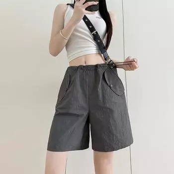 Серые летние тонкие широкие брюки с высокой талией, быстросохнущие спортивные американские брюки с пятью точками S розовый