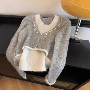 Серые многослойные поддельные двухсекционные топы для женщин, пуловеры, элегантные вязаные свитера для женщин, дизайн в стиле ленивой моды, нишевая женская одежда One Size