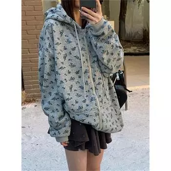 Серые печатные пальто женские с капюшоном зимние плюшевые повседневные универсальные офисные женские печатные элегантные повседневные свободные модные новые S серый
