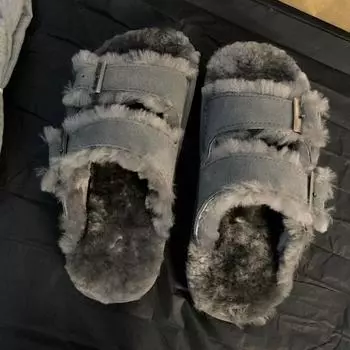 Серые японские плюшевые туфли бокен, осенние и зимние плюшевые туфли бокен на толстой подошве, хлопковые тапочки на пуговицах для внешнего ношения 35 темно серый